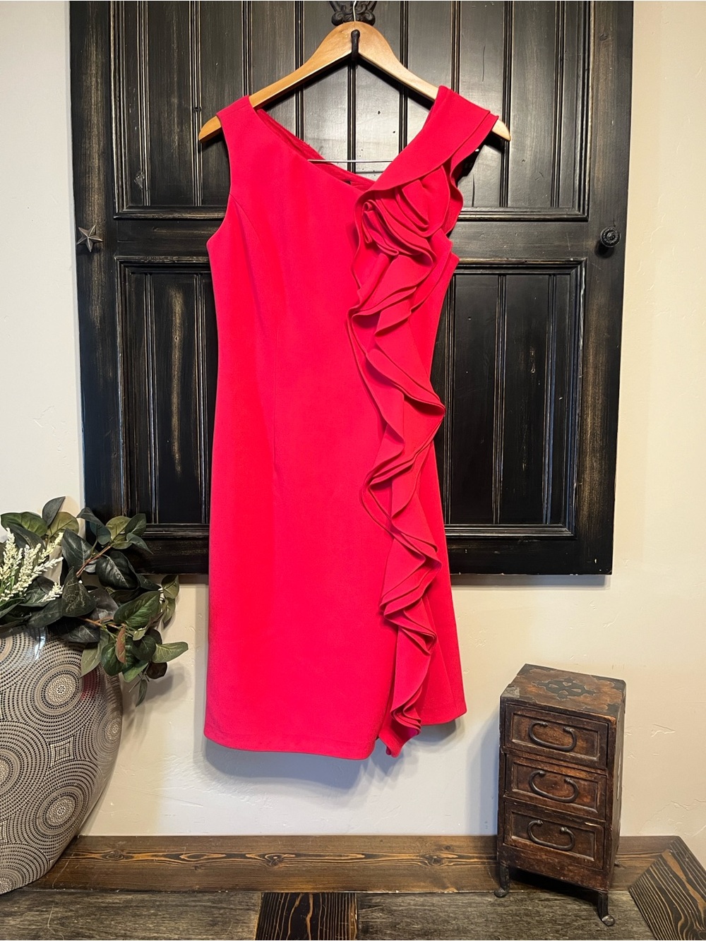 Teri Jon Vibrant Pink /Red One-Shoulder Ruffle Dress